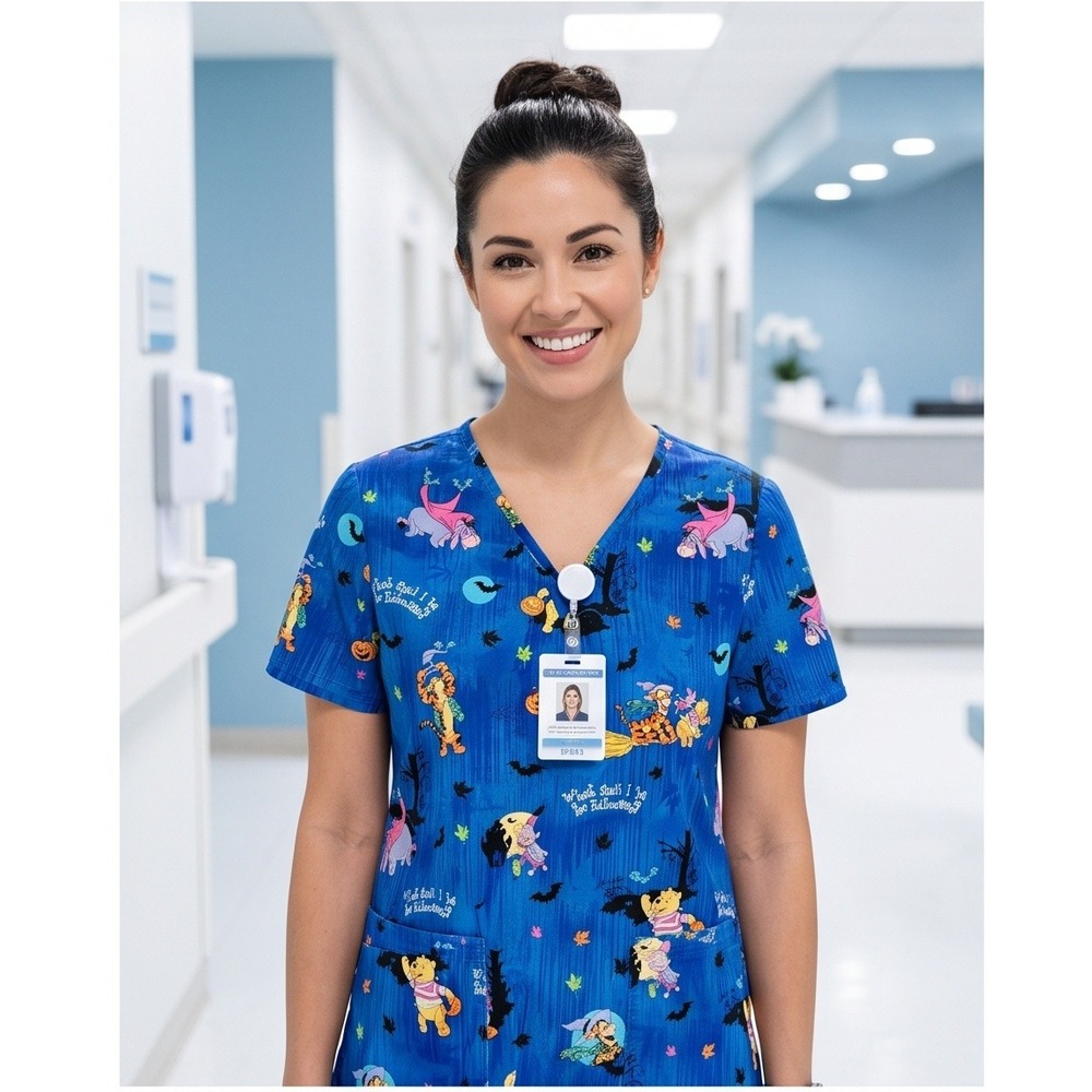 Disney Winnie the Pooh S Halloween Scrub Top Blue V-Neck Small PO38A501 ELCBLU